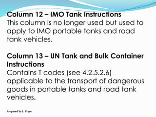 Column 12 – IMO Tank Instructions
This column is no longer used but used to
apply to IMO portable tanks and road
tank vehicles.
Column 13 – UN Tank and Bulk Container
Instructions
Contains T codes (see 4.2.5.2.6)
applicable to the transport of dangerous
goods in portable tanks and road tank
vehicles.
Prepared by L. Pryce
 