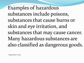 Examples of hazardous
substances include poisons,
substances that cause burns or
skin and eye irritation, and
substances that may cause cancer.
Many hazardous substances are
also classified as dangerous goods.
Prepared by L. Pryce
 