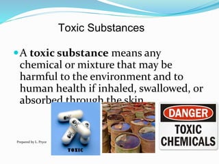 Toxic Substances
A toxic substance means any
chemical or mixture that may be
harmful to the environment and to
human health if inhaled, swallowed, or
absorbed through the skin.
Prepared by L. Pryce
 