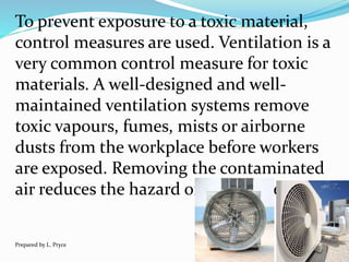 To prevent exposure to a toxic material,
control measures are used. Ventilation is a
very common control measure for toxic
materials. A well-designed and well-
maintained ventilation systems remove
toxic vapours, fumes, mists or airborne
dusts from the workplace before workers
are exposed. Removing the contaminated
air reduces the hazard of toxic materials.
Prepared by L. Pryce
 