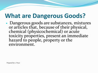 What are Dangerous Goods?
 Dangerous goods are substances, mixtures
or articles that, because of their physical,
chemical (physicochemical) or acute
toxicity properties, present an immediate
hazard to people, property or the
environment.
Prepared by L. Pryce
 