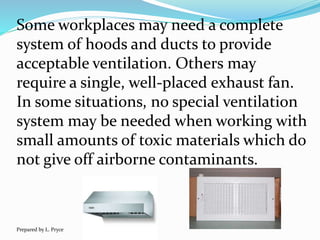 Some workplaces may need a complete
system of hoods and ducts to provide
acceptable ventilation. Others may
require a single, well-placed exhaust fan.
In some situations, no special ventilation
system may be needed when working with
small amounts of toxic materials which do
not give off airborne contaminants.
Prepared by L. Pryce
 