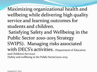 Maximizing organizational health and
wellbeing while delivering high quality
service and learning outcomes for
students and children.
Satisfying Safety and Wellbeing in the
Public Sector 2010-2015 Strategy
SWIPS). Managing risks associated
with DECS’s activities. (Department of Education
and Children’s Services)
(Safety and wellbeing in the Public Sector)2010-2015
Prepared by L. Pryce
 