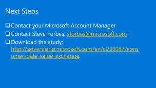 Next Steps
Contact your Microsoft Account Manager
Contact Steve Forbes: sforbes@microsoft.com
Download the study:
http://advertising.microsoft.com/en/cl/33087/cons
umer-data-value-exchange
 