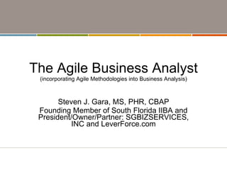 The Agile Business Analyst (incorporating Agile Methodologies into Business Analysis) Steven J. Gara, MS, PHR, CBAP Founding Member of South Florida IIBA and President/Owner/Partner: SGBIZSERVICES, INC and LeverForce.com 