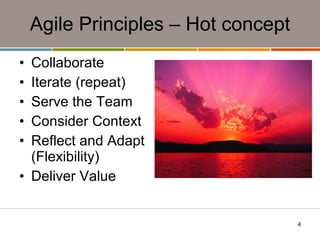 Agile Principles – Hot concept Collaborate Iterate (repeat) Serve the Team Consider Context Reflect and Adapt (Flexibility) Deliver Value 