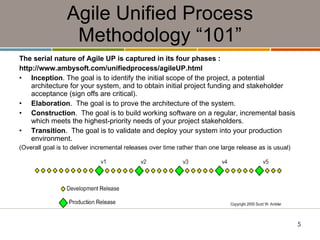 Agile Unified Process Methodology “101” The serial nature of Agile UP is captured in its four phases :  http://www.ambysoft.com/unifiedprocess/agileUP.html Inception . The goal is to identify the initial scope of the project, a potential architecture for your system, and to obtain initial project funding and stakeholder acceptance (sign offs are critical). Elaboration .  The goal is to prove the architecture of the system. Construction .  The goal is to build working software on a regular, incremental basis which meets the highest-priority needs of your project stakeholders. Transition .  The goal is to validate and deploy your system into your production environment. (Overall goal is to deliver incremental releases over time rather than one large release as is usual) 