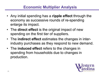 Economic Multiplier Analysis 
• Any initial spending has a ripple effect through the 
economy as successive rounds of re-spending 
enlarge its impact. 
• The direct effect is the original impact of new 
spending on the first tier of suppliers. 
• The indirect effect estimates the changes in inter-industry 
purchases as they respond to new demand. 
• The induced effect refers to the changes in 
spending from households due to changes in 
production. 
13 
 