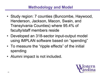 Methodology and Model 
• Study region: 7 counties (Buncombe, Haywood, 
Henderson, Jackson, Macon, Swain, and 
Transylvania Counties) where 95.4% of 
faculty/staff members reside 
• Developed an 318-sector input-output model 
using IMPLAN software based on “spending” 
• To measure the “ripple effects” of the initial 
spending 
• Alumni impact is not included. 
19 
 