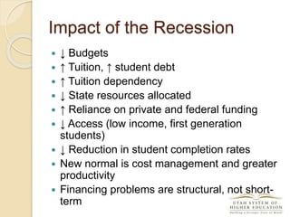 Impact of the Recession
 ↓ Budgets
 ↑ Tuition, ↑ student debt
 ↑ Tuition dependency
 ↓ State resources allocated
 ↑ Reliance on private and federal funding
 ↓ Access (low income, first generation
students)
 ↓ Reduction in student completion rates
 New normal is cost management and greater
productivity
 Financing problems are structural, not short-
term
 
