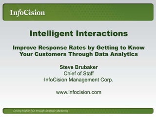 Intelligent Interactions
Improve Response Rates by Getting to Know
Your Customers Through Data Analytics
Steve Brubaker
Chief of Staff
InfoCision Management Corp.
www.infocision.com
 