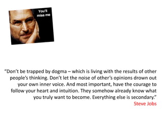 “Don’t be trapped by dogma – which is living with the results of other
  people’s thinking. Don’t let the noise of other’s opinions drown out
      your own inner voice. And most important, have the courage to
  follow your heart and intuition. They somehow already know what
             you truly want to become. Everything else is secondary.”
                                                             Steve Jobs
 