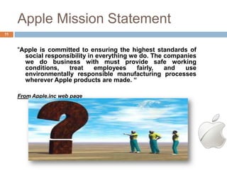 Apple Mission Statement
11



     "Apple is committed to ensuring the highest standards of
       social responsibility in everything we do. The companies
       we do business with must provide safe working
       conditions,   treat     employees     fairly,  and  use
       environmentally responsible manufacturing processes
       wherever Apple products are made. “

     From Apple.inc web page
 