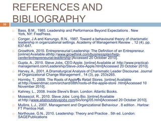 REFERENCES AND
35
     BIBLIOGRAPHY
        Bass, B.M., 1985. Leadership and Performance Beyond Expectations . New
         York, NY: FreePress.
        Conger, J.A and Kanungo, R.N., 1987. Toward a behavioural theory of charismatic
         leadership in organizational settings. Academy of Management Review , 12 (4), pp.
         637-647.
        Growthink, 2010. Entrepreneurial Leadership: The Definition of an Entrepreneur.
         [online] Available athttp://www.growthink.com/businessplan/help-
         center/entrepreneurial-leadership [Accessed 20 October 2010].
        Gupta, A., 2010. Steve Jobs, CEO Apple. [online] Available at :http://www.practical-
         management.com/Leadership/Steve-Jobs-Apple.html[Accessed 20 October 2010].
        Harvey, A., 2001. A Dramaturgical Analysis of Charismatic Leader Discourse. Journal
         of Organizational Change Management , 14 (3), pp. 253±265.
        Hormby, T., 2008. The Roots of Apple¶s Retail Stores. [online] Available
         at:http://lowendmac.com/orchard/08th/roots-of-the-apple-store .html[Accessed 10
         November 2010].
        Kahney, L., 2008. Inside Steve's Brain. London: Atlantic Books.
        Moisescot, R., 2010. Steve Jobs: Long Bio. [online] Available
         at:http://www.allaboutstevejobs.com/bio/long/05.html[Accessed 20 October 2010].
        Mullins, L.J., 2007. Management and Organizational Behaviour . 8 edition . Harlow:
         FT Prentice Hall.
        Northouse, G.N., 2010. Leadership: Theory and Practice . 5th ed. London:
         SAGEPublications
 