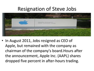 Resignation of Steve Jobs




• In August 2011, Jobs resigned as CEO of
  Apple, but remained with the company as
  chairman of the company's board.Hours after
  the announcement, Apple Inc. (AAPL) shares
  dropped five percent in after-hours trading.
 