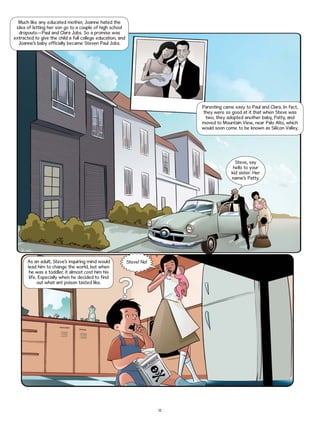 Much like any educated mother, Joanne hated the
idea of letting her son go to a couple of high school
dropouts—Paul and Clara Jobs. So a promise was
extracted to give the child a full college education, and
Joanne’s baby officially became Steven Paul Jobs.

Parenting came easy to Paul and Clara. In fact,
they were so good at it that when Steve was
two, they adopted another baby, Patty, and
moved to Mountain View, near Palo Alto, which
would soon come to be known as Silicon Valley.

Steve, say
hello to your
kid sister. Her
name’s Patty.

As an adult, Steve’s inquiring mind would
lead him to change the world, but when
he was a toddler, it almost cost him his
life. Especially when he decided to find
out what ant poison tasted like.

Steve! No!

12

 