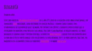 Biografía
Primeros años
Steve Jobs nació en San Francisco (California) en el año 1955,fruto de la relación entre Abdulfattah Jandali, un
inmigrante sirio musulmán, luego doctorado en ciencias políticas, y Joanne Carole Schieble, una
estadounidense de ascendencia suiza y alemana, por entonces dos jóvenes estudiantes universitarios que lo
entregaron en adopción a una pareja de clase media, Paul Jobs y Clara Hagopian, de origen armenio.Sus padres
biológicos se casaron luego y tuvieron otra hija, la novelista Mona Simpson, a quien Steve no conocería hasta
la edad adulta En esa nueva familia Steve creció junto a su otra hermana, Patty. Su padre adoptivo, Paul Jobs, era
maquinista en la compañía estatal de transporte ferroviario y su madre ama de casa
 