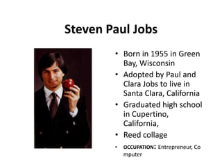 Steven Paul Jobs
        • Born in 1955 in Green
          Bay, Wisconsin
        • Adopted by Paul and
          Clara Jobs to live in
          Santa Clara, California
        • Graduated high school
          in Cupertino,
          California,
        • Reed collage
        • OCCUPATION: Entrepreneur, Co
          mputer
 