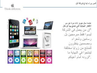 ‫أبل‬ ‫شركة‬ ‫إبداع‬ ‫وراء‬ ‫السر‬
‫سر‬ ‫عن‬ ‫مرة‬ ‫ذات‬ ‫جوبز‬ ‫سئل‬ ‫عندما‬
‫قال‬ ‫آبل‬ ‫بها‬ ‫تتمتع‬ ‫التي‬ ‫الخيالية‬ ‫الفكار‬
‫الشركة‬ ‫في‬ ‫يعمل‬ ‫من‬ ‫"إن‬
‫بل‬ ‫مبرمجين‬ ‫فقط‬ ‫ليسوا‬
‫وشعراء‬ ‫رسامين‬
‫ينظرون‬ ‫ومصممين‬
‫مختلفة‬ ‫زوايا‬ ‫من‬ ‫للمنتج‬
‫ما‬ ‫النهاية‬ ‫في‬ ‫لينتجوا‬
‫أعينكم‬ ‫أمام‬ ‫."ترونه‬
 