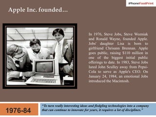 Apple Inc. founded…In 1976, Steve Jobs, Steve Wozniak and Ronald Wayne, founded Apple. Jobs' daughter Lisa is born to girlfriend Chrisann Brennan. Apple goes public, raising $110 million in one of the biggest initial public offerings to date. In 1983, Steve Jobs lured John Sculley away from Pepsi-Cola to serve as Apple's CEO. On January 24, 1984, an emotional Jobs introduced the Macintosh.“To turn really interesting ideas and fledgling technologies into a company that can continue to innovate for years, it requires a lot of disciplines.”1976-84