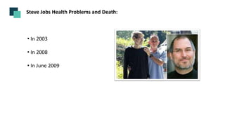 Steve Jobs Health Problems and Death:
• In 2003
• In 2008
• In June 2009
 