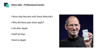 Steve Jobs – Professional Career:
• Steve Jobs Reunion with Steve Wozniak’s
• Why did Steve jobs leave apple?
• Life after Apple
• NeXT & Pixar
• Back to Apple
 