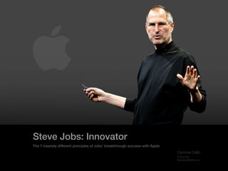 Steve Jobs: Innovator
The 7 insanely different principles of Jobs’ breakthrough success with Apple
                                                                               Carmine Gallo
                                                                               Columnist,
                                                                               BusinessWeek.com
 
