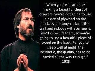 “When you’re a carpenter making a beautiful chest of drawers, you’re not going to use a piece of plywood on the back, even though it faces the wall and nobody will ever see it. You’ll know it’s there, so you’re going to use a beautiful piece of wood on the back. For you to sleep well at night, the aesthetic, the quality, has to be carried all the way through.”-1985