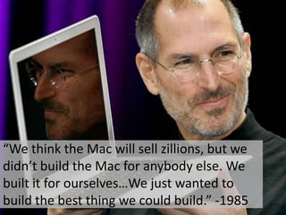“We think the Mac will sell zillions, but we didn’t build the Mac for anybody else. We built it for ourselves…We just wanted to build the best thing we could build.” -1985