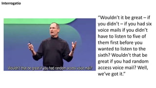 “Wouldn’t it be great – if
you didn’t – if you had six
voice mails if you didn’t
have to listen to five of
them first before you
wanted to listen to the
sixth? Wouldn’t that be
great if you had random
access voice mail? Well,
we’ve got it.”
Interrogatio
 