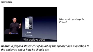 What should we charge for
iPhone?
Interrogatio
Aporia: A feigned statement of doubt by the speaker and a question to
the audience about how he should act.
 