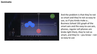 And the problem is that they’re not
so smart and they’re not so easy to
use, so if you kinda make a…
Business School 101 graph of the
smart axis and the easy-to-use axis,
phones, regular cell phones are
kinda right there, they’re not so
smart, and they’re – you know – not
so easy to use
Geminatio
 