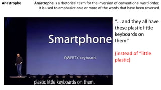“… and they all have
these plastic little
keyboards on
them.”
(instead of “little
plastic)
Anastrophe Anastrophe is a rhetorical term for the inversion of conventional word order.
It is used to emphasize one or more of the words that have been reversed
 