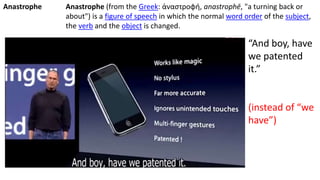 “And boy, have
we patented
it.”
(instead of “we
have”)
Anastrophe Anastrophe (from the Greek: ἀναστροφή, anastrophē, "a turning back or
about") is a figure of speech in which the normal word order of the subject,
the verb and the object is changed.
 