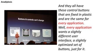 And they all have
these control buttons
that are fixed in plastic
and are the same for
every application.
Well, every application
wants a slightly
different user
interface, a slightly
optimized set of
buttons, just for it.
Anadiplosis
 