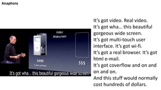 Anaphora
It’s got video. Real video.
It’s got wha… this beautiful
gorgeous wide screen.
It’s got multi-touch user
interface. It’s got wi-fi.
It’s got a real browser. It’s got
html e-mail.
It’s got coverflow and on and
on and on.
And this stuff would normally
cost hundreds of dollars.
 