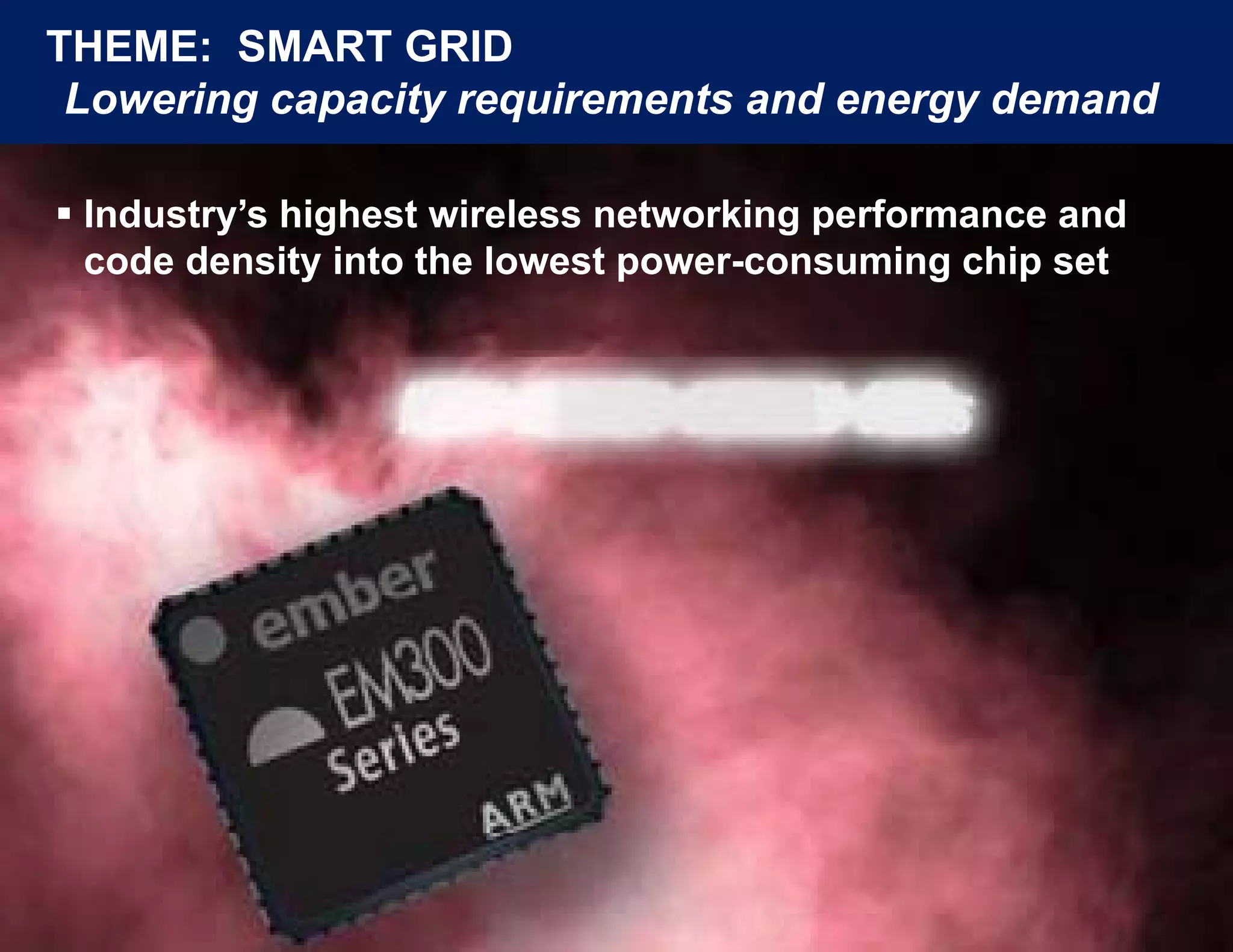 THEME: SMART GRID
 Lowering capacity requirements and energy demand
        g p      y q                    gy

 Industry’s highest wireless networking performance and
  code density into the lowest power-consuming chip set
 