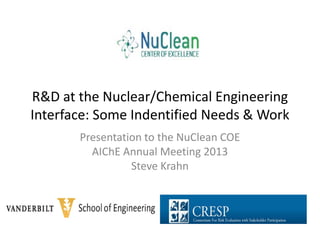 R&D at the Nuclear/Chemical Engineering
Interface: Some Indentified Needs & Work
Presentation to the NuClean COE
AIChE Annual Meeting 2013
Steve Krahn

 