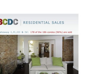 RESIDENTIAL SALES

G a t e w a y I , I I , I I I & I V : 178 of the 186 condos (96%) are sold
 