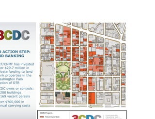 OTR ACTION STEP:
LAND BANKING

• CEF/CNMF has invested
  over $29.7 million in
  private funding to land
  bank properties in the
  Washington Park
  section of OTR
• 3CDC owns or controls:
   200 buildings
   169 vacant parcels
• Over $700,000 in
  annual carrying costs
 