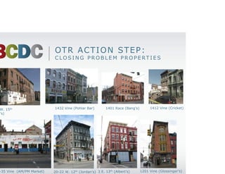 OT R A C T I O N S T E P :
                              CLOSING PROBLEM PROPERTIES




118 W. 15th                   1432 Vine (Pohlar Bar)        1401 Race (Bang’s)        1412 Vine (Cricket)
(Walt’s)




1331-35 Vine (AM/PM Market)   20-22 W. 12th (Jordan’s) 3 E. 13th (Albert’s)      1201 Vine (Glossinger’s)
 