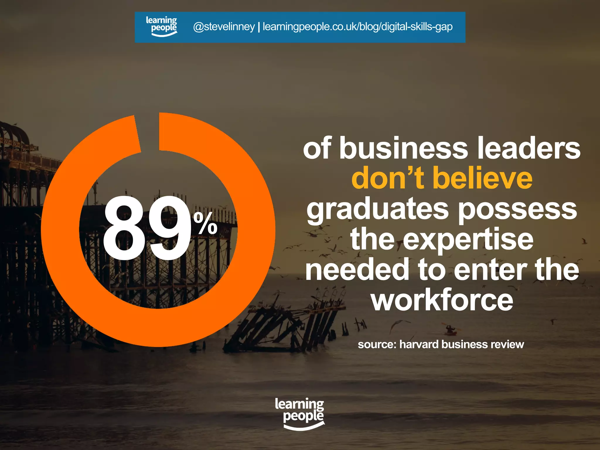 89%
of business leaders
don’t believe
graduates possess
the expertise
needed to enter the
workforce
source: harvard business review
@stevelinney | learningpeople.co.uk/blog/digital-skills-gap
 