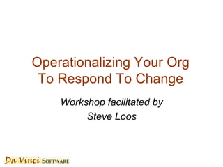 Workshop facilitated by
Steve Loos
Operationalizing Your Org
To Respond To Change
 