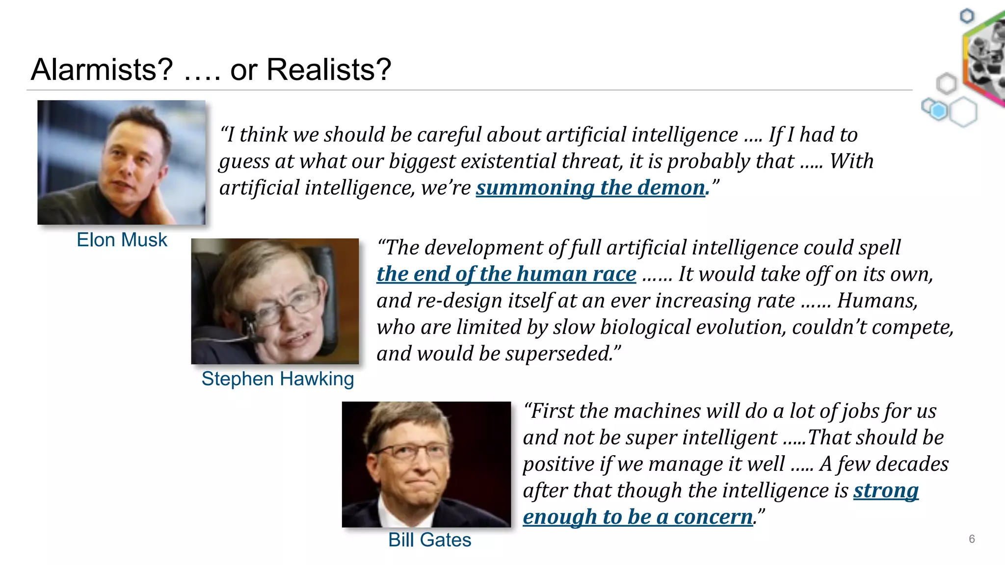 Alarmists? …. or Realists?
6Bill Gates
Stephen Hawking
Elon Musk “The	
  development	
  of	
  full	
  artificial	
  intelligence	
  could	
  spell	
  	
  	
  	
  	
  	
  	
  	
  	
  	
  
the	
  end	
  of	
  the	
  human	
  race	
  ……	
  It	
  would	
  take	
  off	
  on	
  its	
  own,	
  
and	
  re-­design	
  itself	
  at	
  an	
  ever	
  increasing	
  rate	
  ……	
  Humans,	
  
who	
  are	
  limited	
  by	
  slow	
  biological	
  evolution,	
  couldn’t	
  compete,	
  
and	
  would	
  be	
  superseded.”	
  	
  	
  
“I	
  think	
  we	
  should	
  be	
  careful	
  about	
  artificial	
  intelligence	
  ….	
  If	
  I	
  had	
  to	
  
guess	
  at	
  what	
  our	
  biggest	
  existential	
  threat,	
  it	
  is	
  probably	
  that	
  …..	
  With	
  
artificial	
  intelligence,	
  we’re	
  summoning	
  the	
  demon.”	
  
“First	
  the	
  machines	
  will	
  do	
  a	
  lot	
  of	
  jobs	
  for	
  us	
  
and	
  not	
  be	
  super	
  intelligent	
  …..That	
  should	
  be	
  
positive	
  if	
  we	
  manage	
  it	
  well	
  …..	
  A	
  few	
  decades	
  
after	
  that	
  though	
  the	
  intelligence	
  is	
  strong	
  
enough	
  to	
  be	
  a	
  concern.”	
  	
  	
  
 