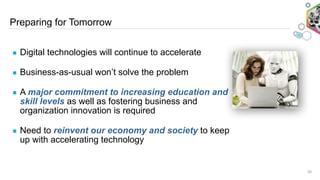 Preparing for Tomorrow
20
▪ Digital technologies will continue to accelerate
▪ Business-as-usual won’t solve the problem
▪ A major commitment to increasing education and
skill levels as well as fostering business and
organization innovation is required
▪ Need to reinvent our economy and society to keep
up with accelerating technology
 