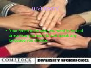 Diversity Your Aloud to be who you want to be and dress how you want to and speak any language you choose.  