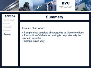 Summary Source:  http://www.adeptscience.co.uk/kb/article/642A   (11/26/07) AGENDA Control Charts U Charts Application Exercise Summary Use a u chart when: Sample data consists of categories or discrete values Probability of defects occurring is proportionally the same in samples Sample sizes vary 