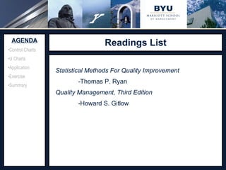 Readings List Source:  http://www.adeptscience.co.uk/kb/article/642A   (11/26/07) AGENDA Control Charts U Charts Application Exercise Summary Statistical Methods For Quality Improvement - Thomas P. Ryan Quality Management, Third Edition - Howard S. Gitlow 