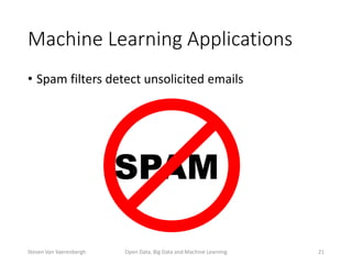 Machine Learning Applications
• Spam filters detect unsolicited emails
Open Data, Big Data and Machine Learning 21
SPAM
Steven Van Vaerenbergh
 