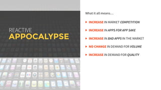 What it all means…
REACTIVE
APPOCALYPSE
INCREASE IN DEMAND FOR QUALITY
NO CHANGE IN DEMAND FOR VOLUME
INCREASE IN BAD APPS IN THE MARKET
INCREASE IN APPS FOR APP SAKE
INCREASE IN MARKET COMPETITION
 